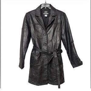 Black Genuine Leather Belted Trench Coat Patchwork Textured Women’s S LeWorld